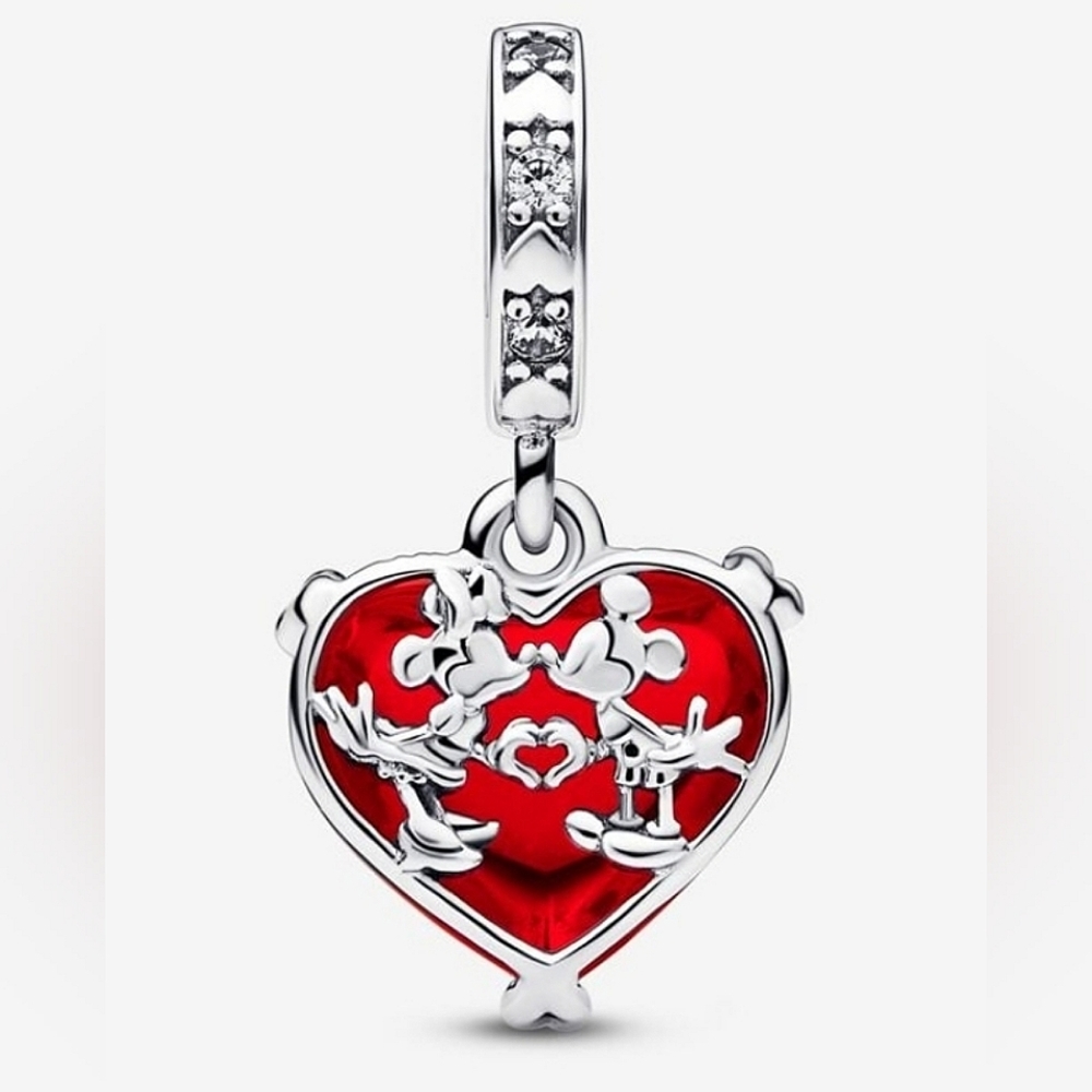 Authentic NEW Pandora Disney Mickey & Minnie Mouse Kiss Red Murano Glass Dangle - Picture 7 of 9